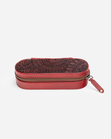 Red Carved Wood & Leather Glass Case