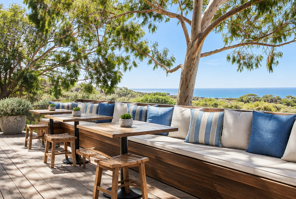Australian cafe alfresco terrace with timber bench seating and custom cushions