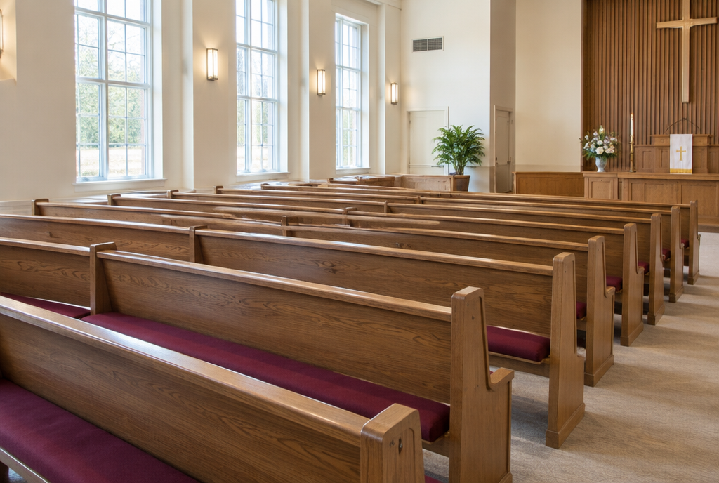 Church interior with wooden pews fitted with long custom pew cushions