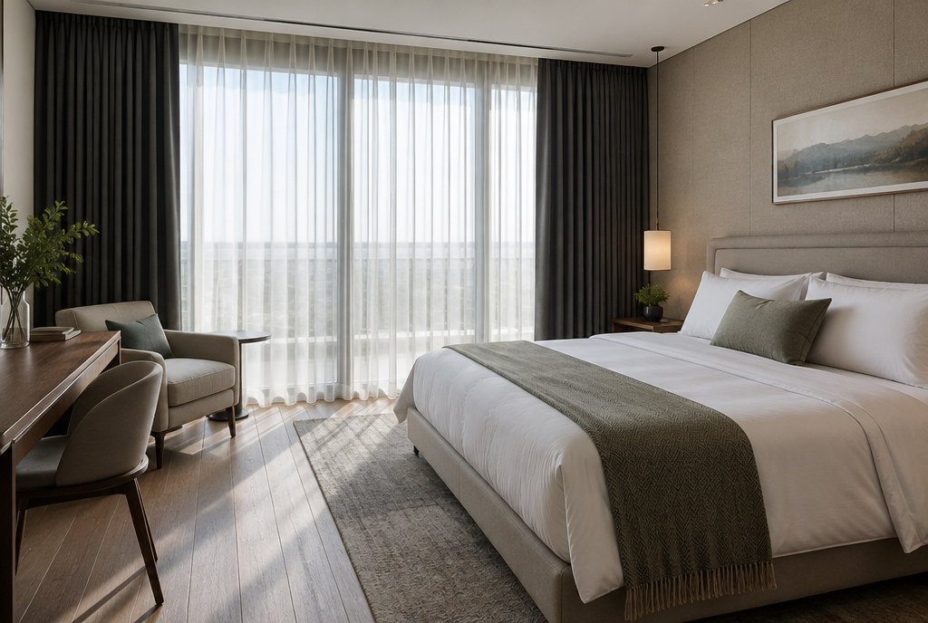 Hotel room with sheer white curtains and charcoal blackout drapes