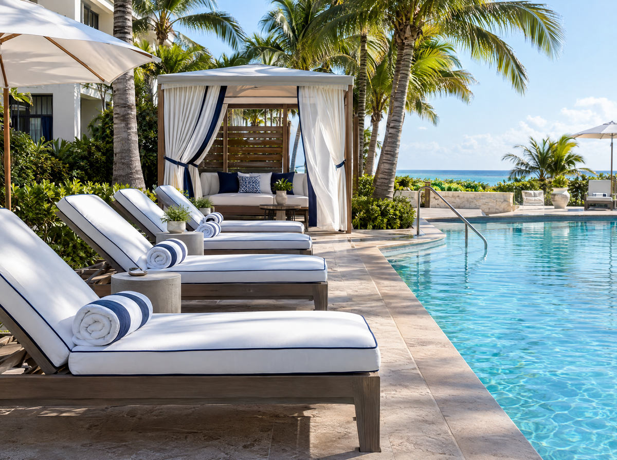 Resort pool with chaise lounges on custom white pool cushions with navy piping