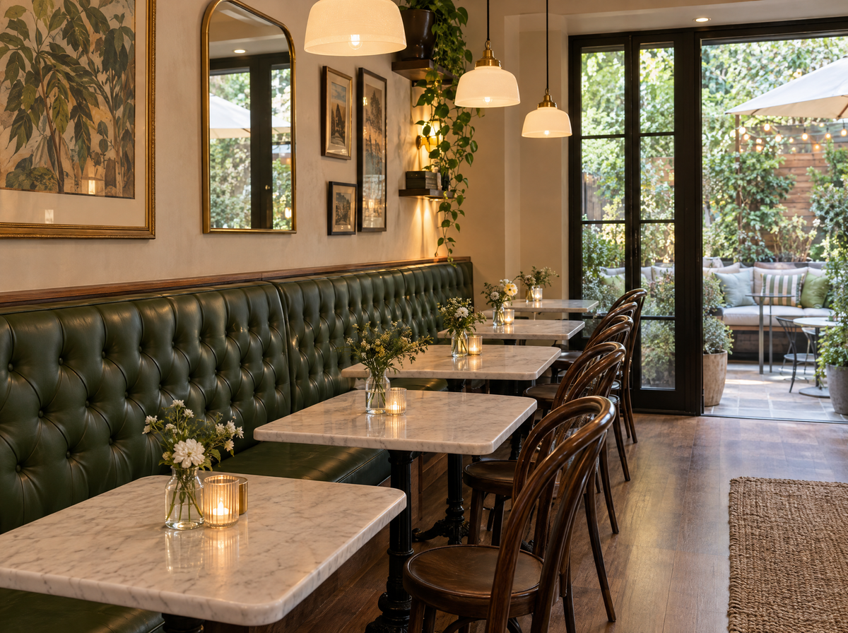 Cafe banquette with custom tufted green seat and back cushions