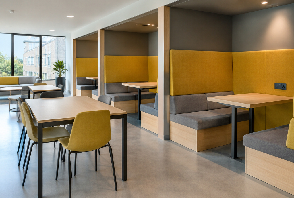 Student accommodation common room with booth seating and custom cushions