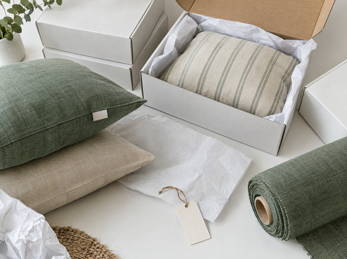 Custom cushions packed in plain boxes with sewn-in labels for a D2C brand