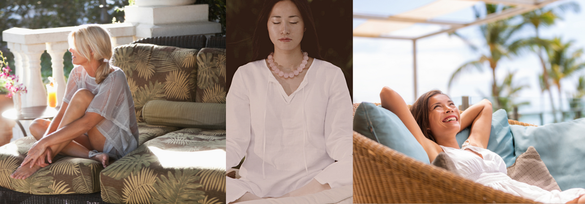 Three people relaxing on cushioned seating in calm, comfortable corners