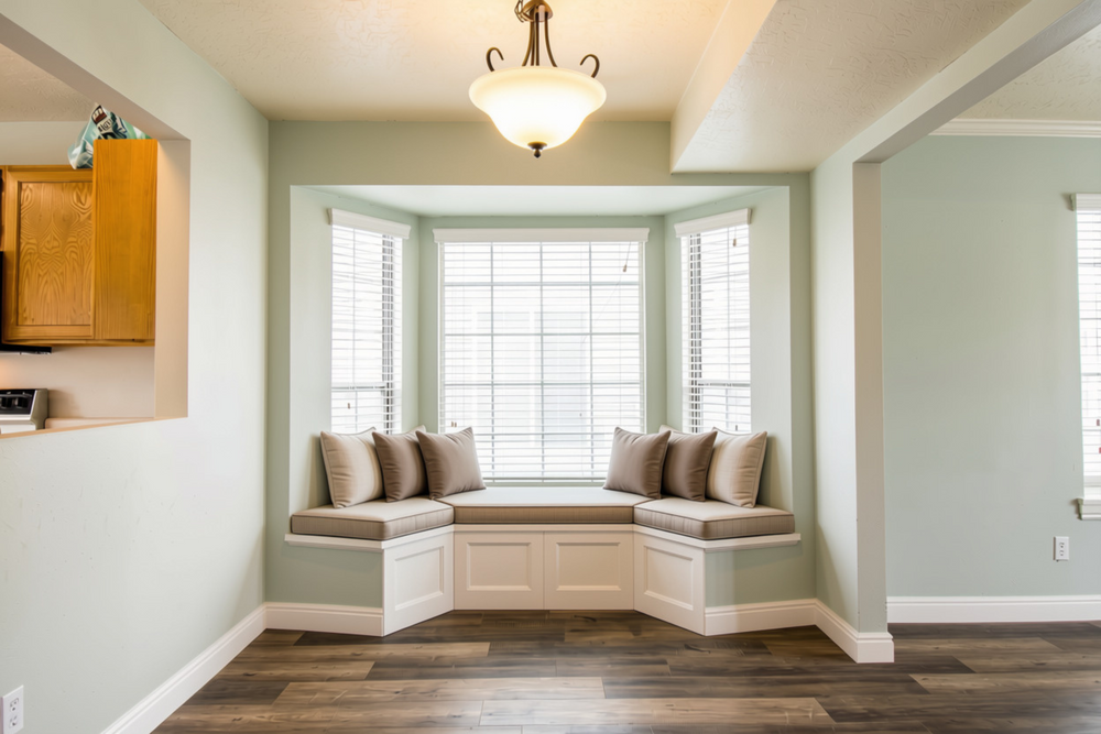 Bay window seat with custom taupe cushions on angled sections and matching throw pillows