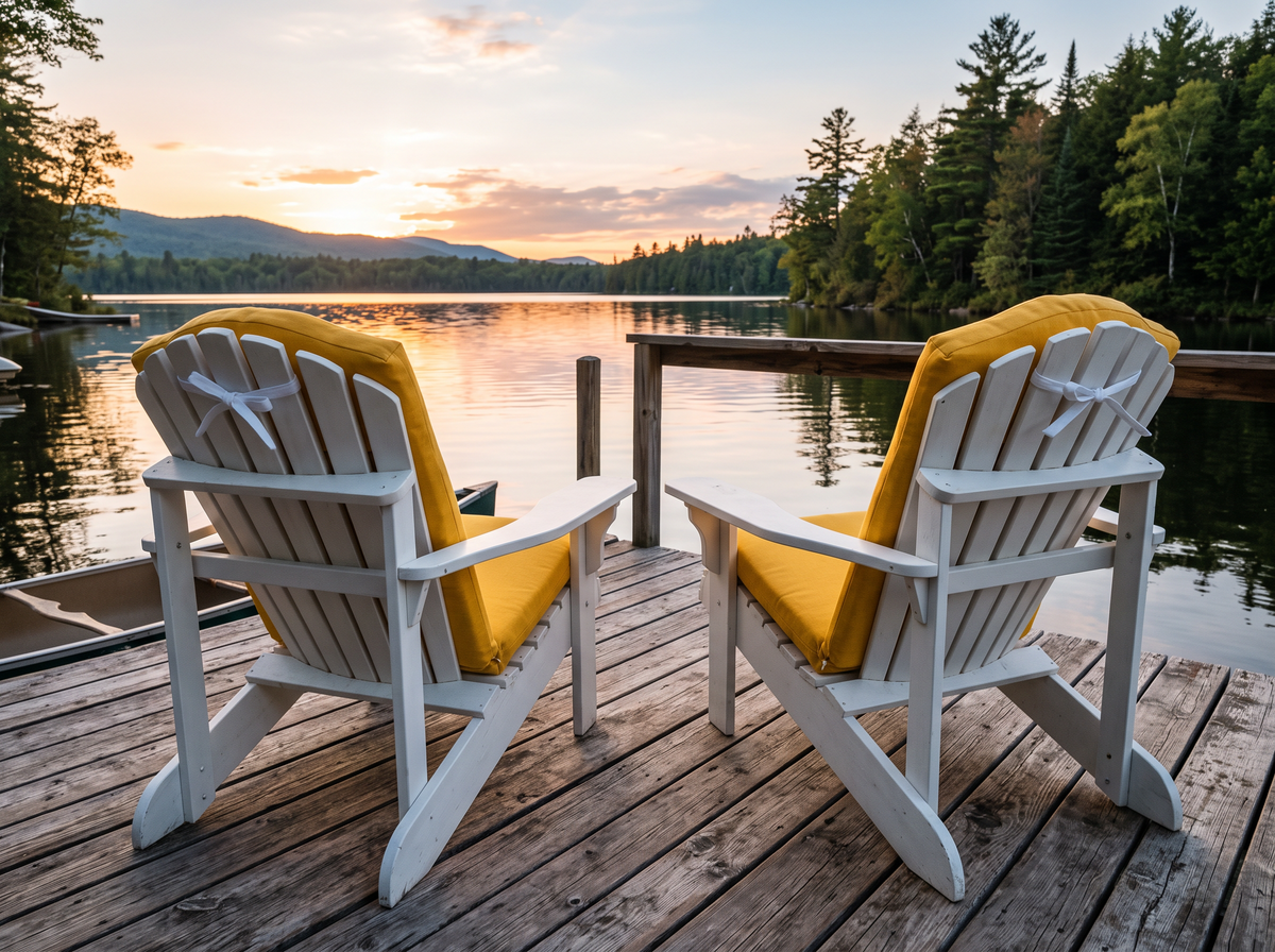 Two white Muskoka chairs with yellow one-piece cushions on a lake dock at sunset