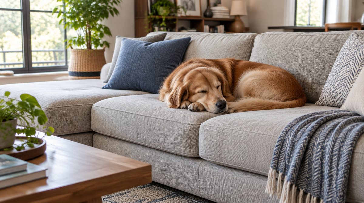 Pet-friendly living room with durable performance-fabric sofa cushions