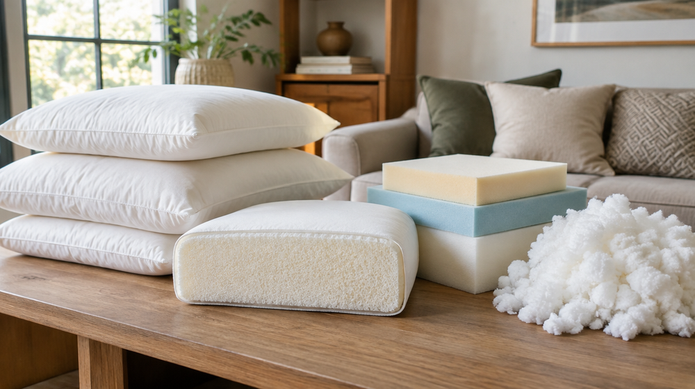 Cushion fillings including foam blocks, feather pillows and polyfill on a table