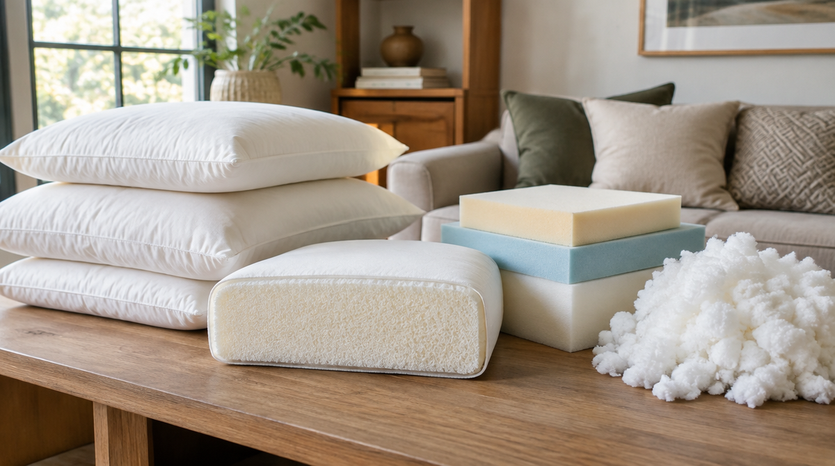 Cushion fillings including foam blocks, feather pillows and polyfill on a table