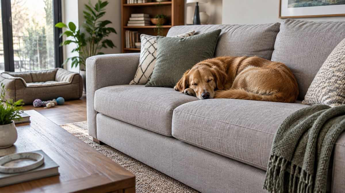 Golden retriever sleeping on a gray sofa with sage cushions