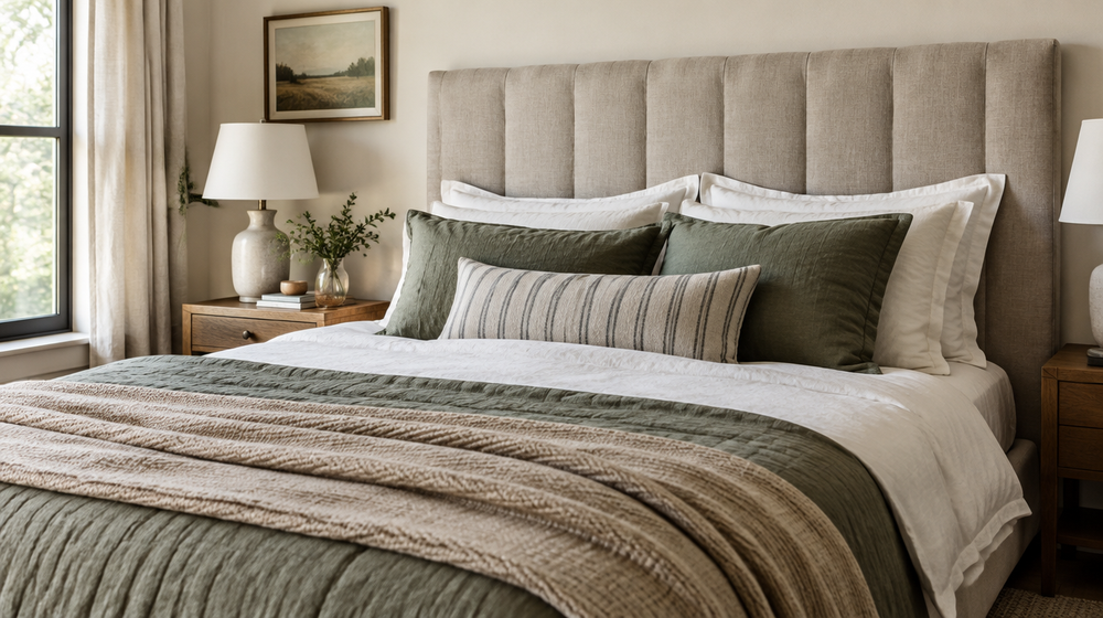 Bedroom with an upholstered headboard, sage cushions and layered neutral bedding