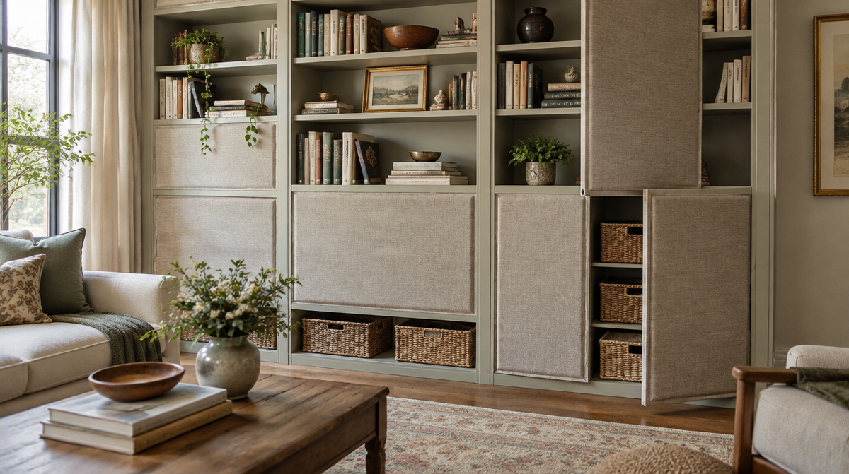Textile covered bookshelves hidden storage chic