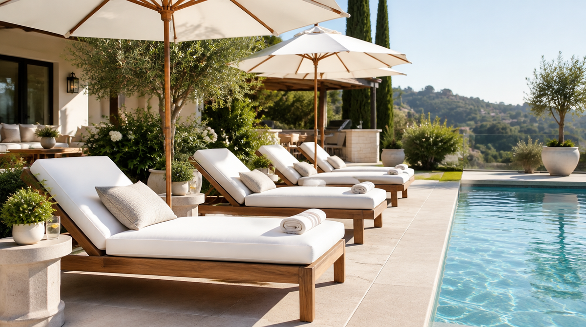The poolside lounge setup that makes neighbors ask for your designer