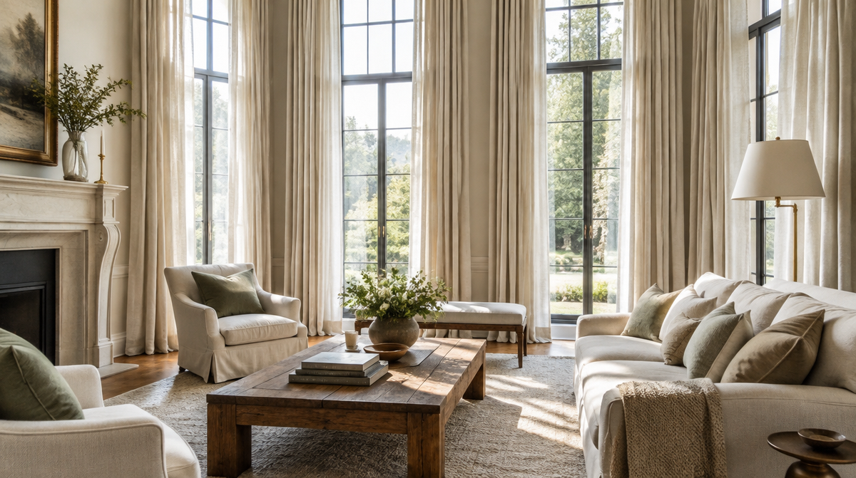 Living room with tall windows framed by floor-length cream curtains
