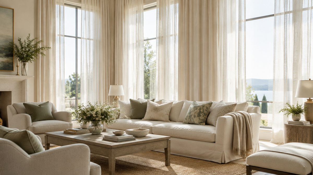 Effortless elegance in three soft steps bringing your space to life with sheer curtains and custom cushions