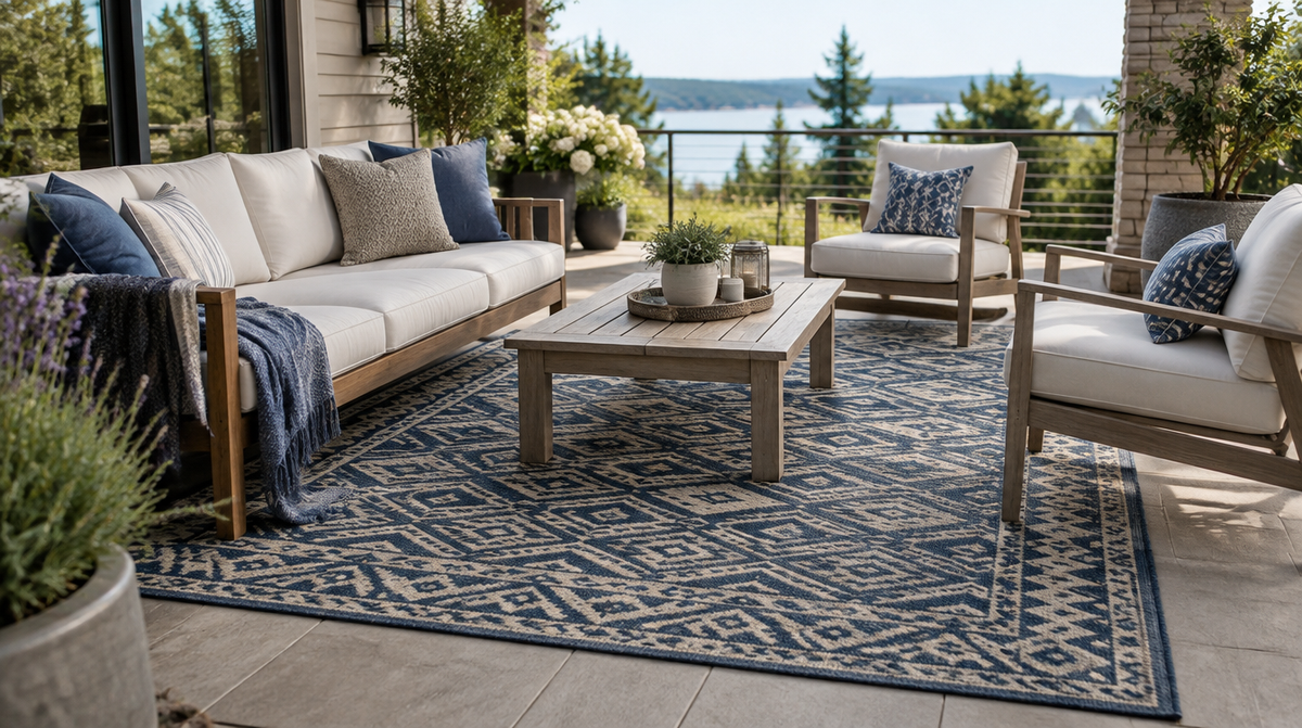 Outdoor rug guide materials that survive weather and foot traffic