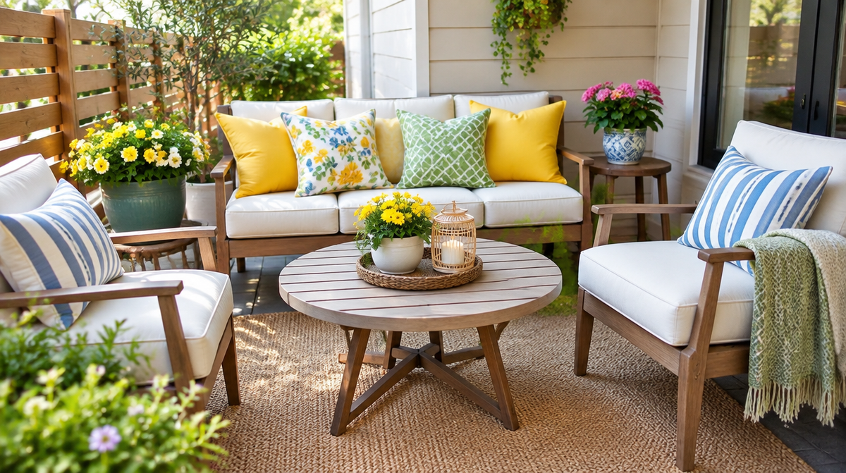 Spring patio makeover on a budget cushions covers and a color refresh