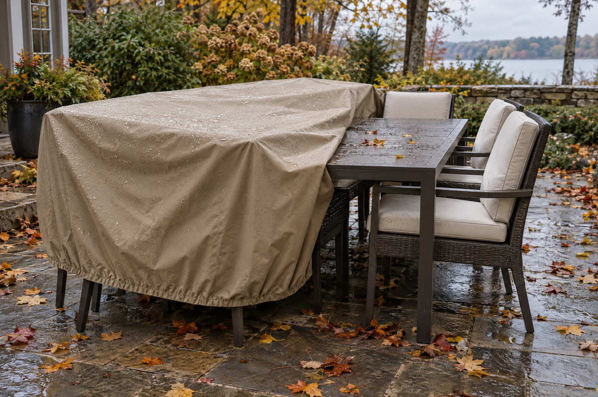 Patio dining set under a fitted protective outdoor cover