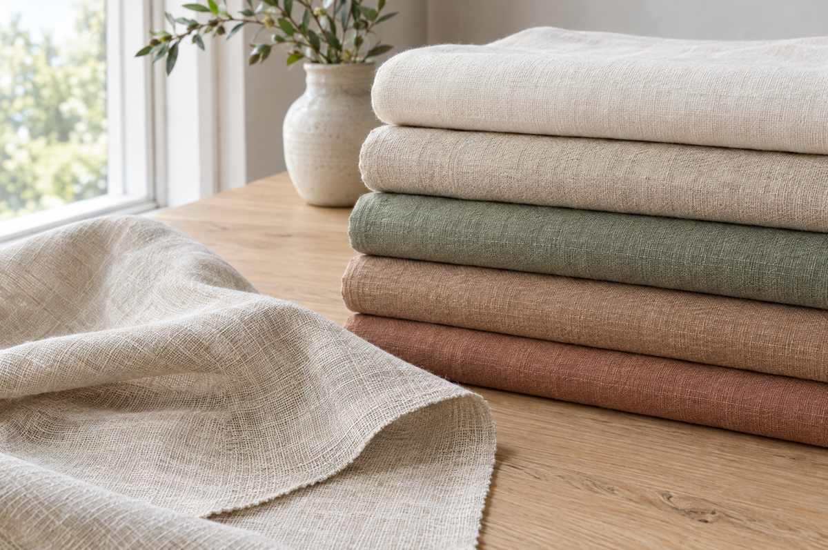Stacks of folded natural cotton and linen fabrics