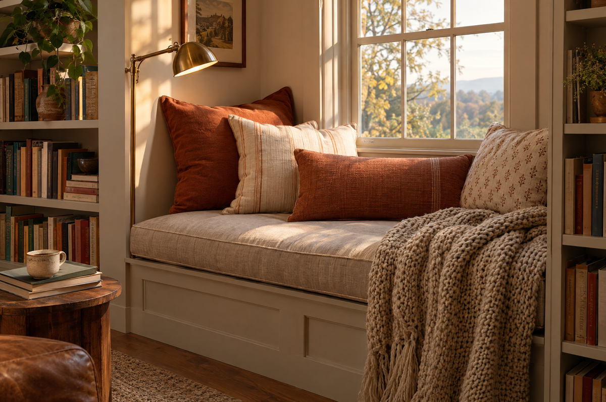 Cosy reading nook with layered cushions and a throw