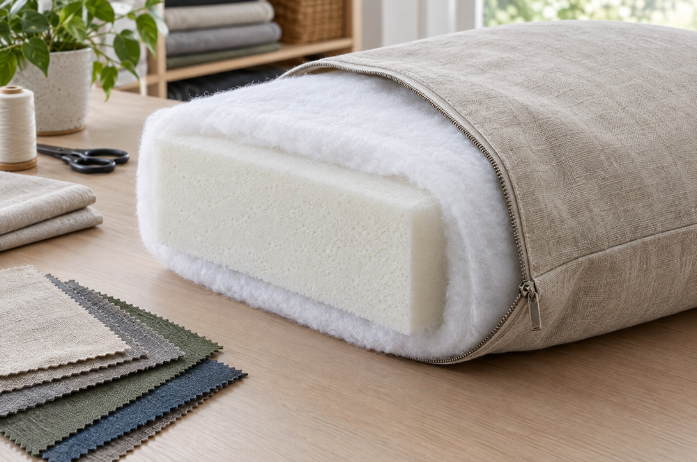 High-density foam cushion insert being fitted into a linen cover