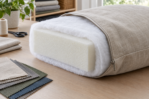 High-density foam cushion insert being fitted into a linen cover