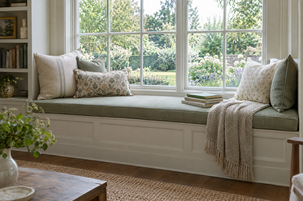 Built-in window seat with a custom sage linen cushion