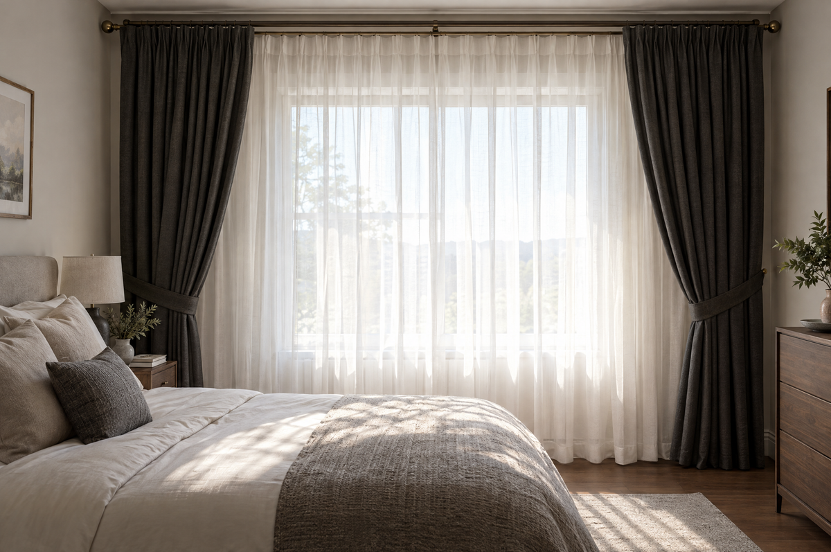 Bedroom window with sheer curtains layered with charcoal blackout drapes