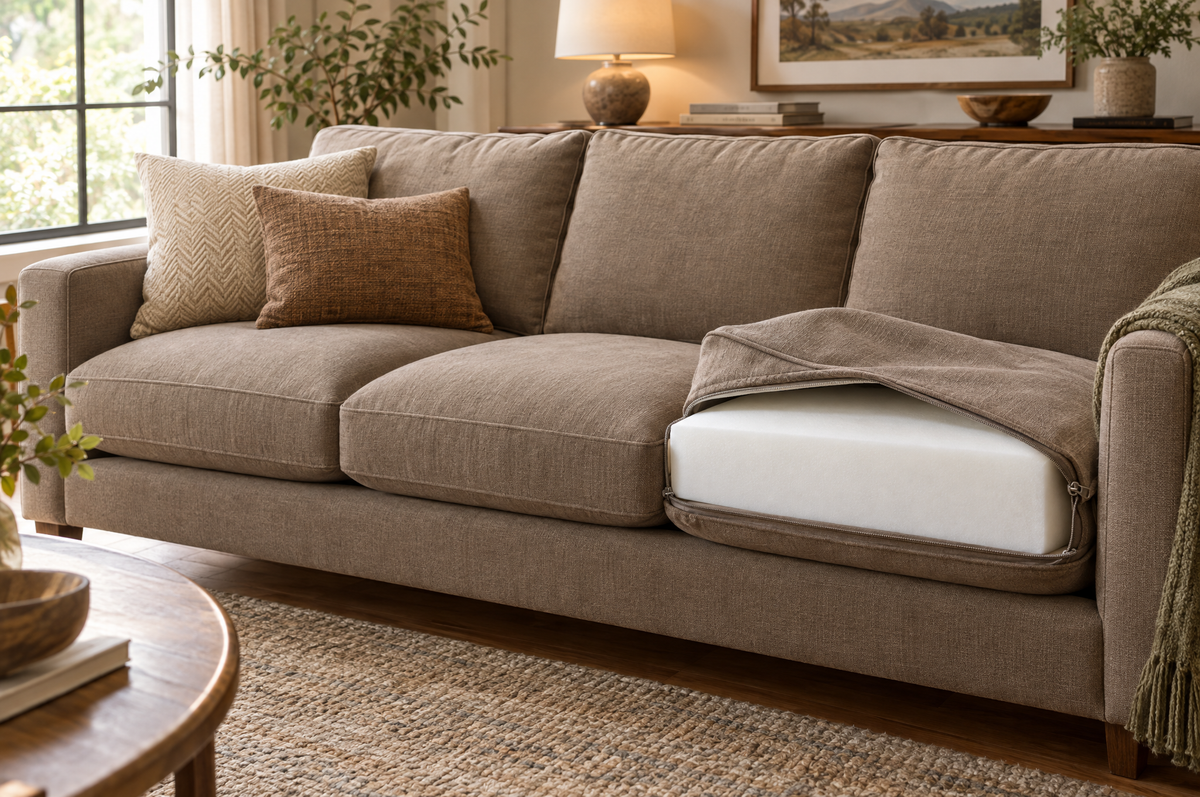 Sofa seat cushion being refilled with a new foam insert