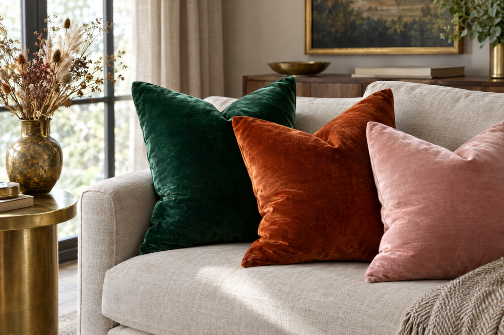 Velvet throw pillows in emerald, rust and blush on a linen sofa