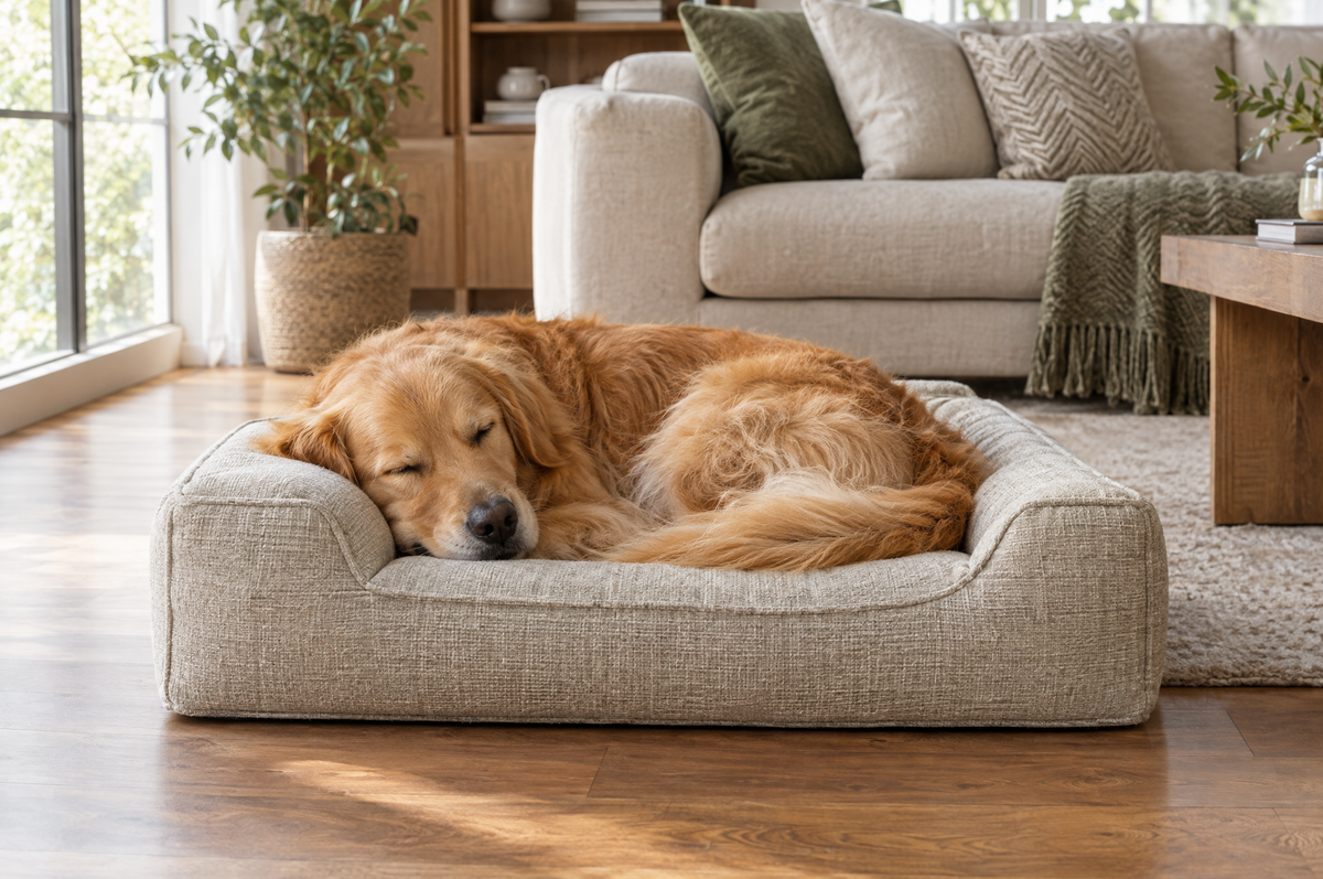 Golden retriever sleeping on a bolster dog bed