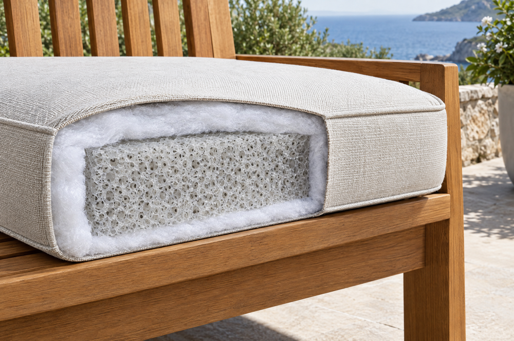 Cutaway of an outdoor cushion showing quick-dry foam layers