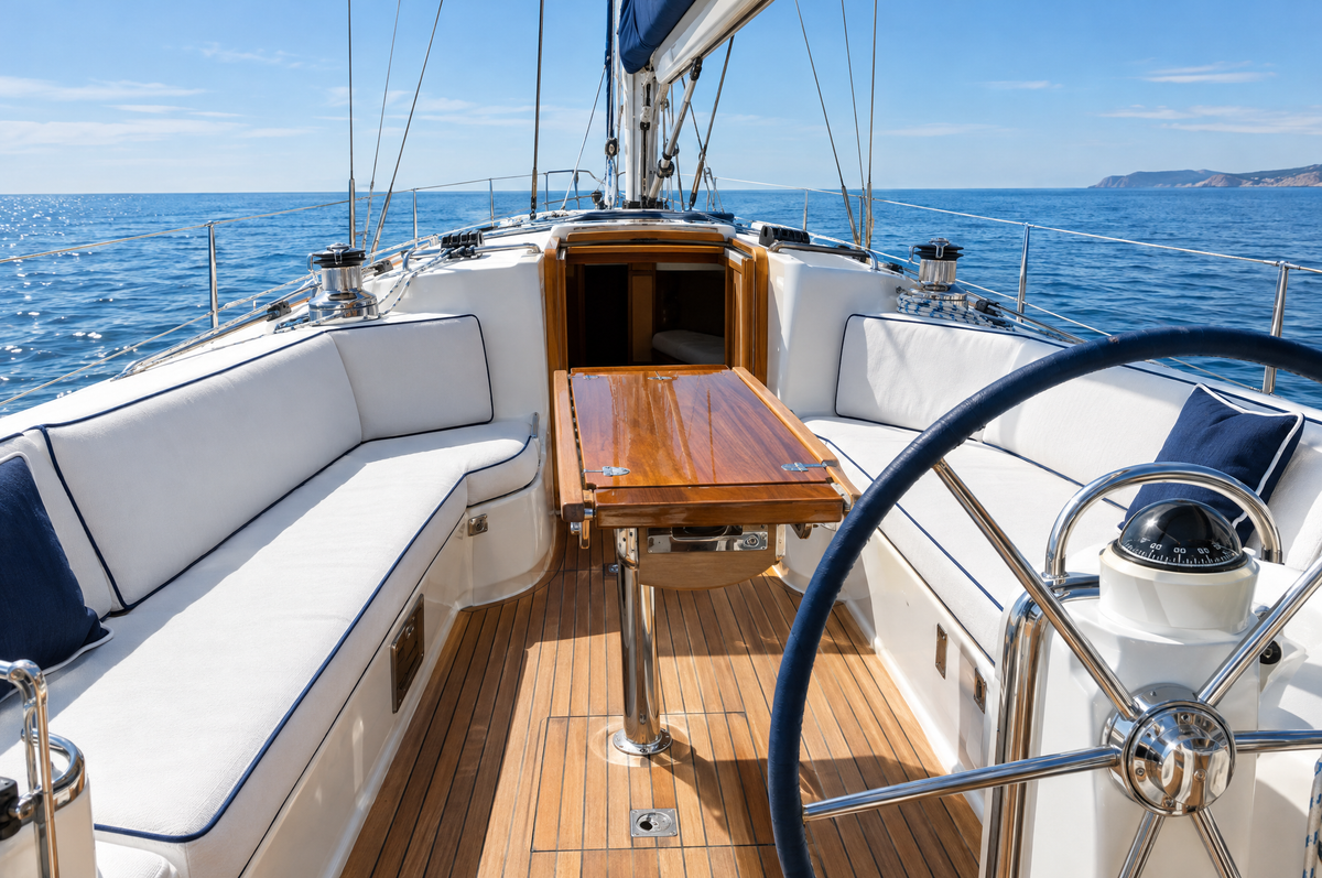 Sailboat cockpit with white marine cushions and navy piping