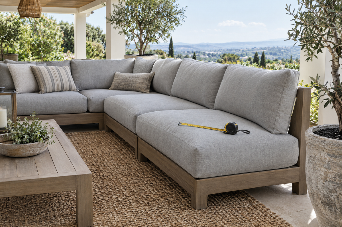 Outdoor sectional sofa with deep cushions and a tape measure