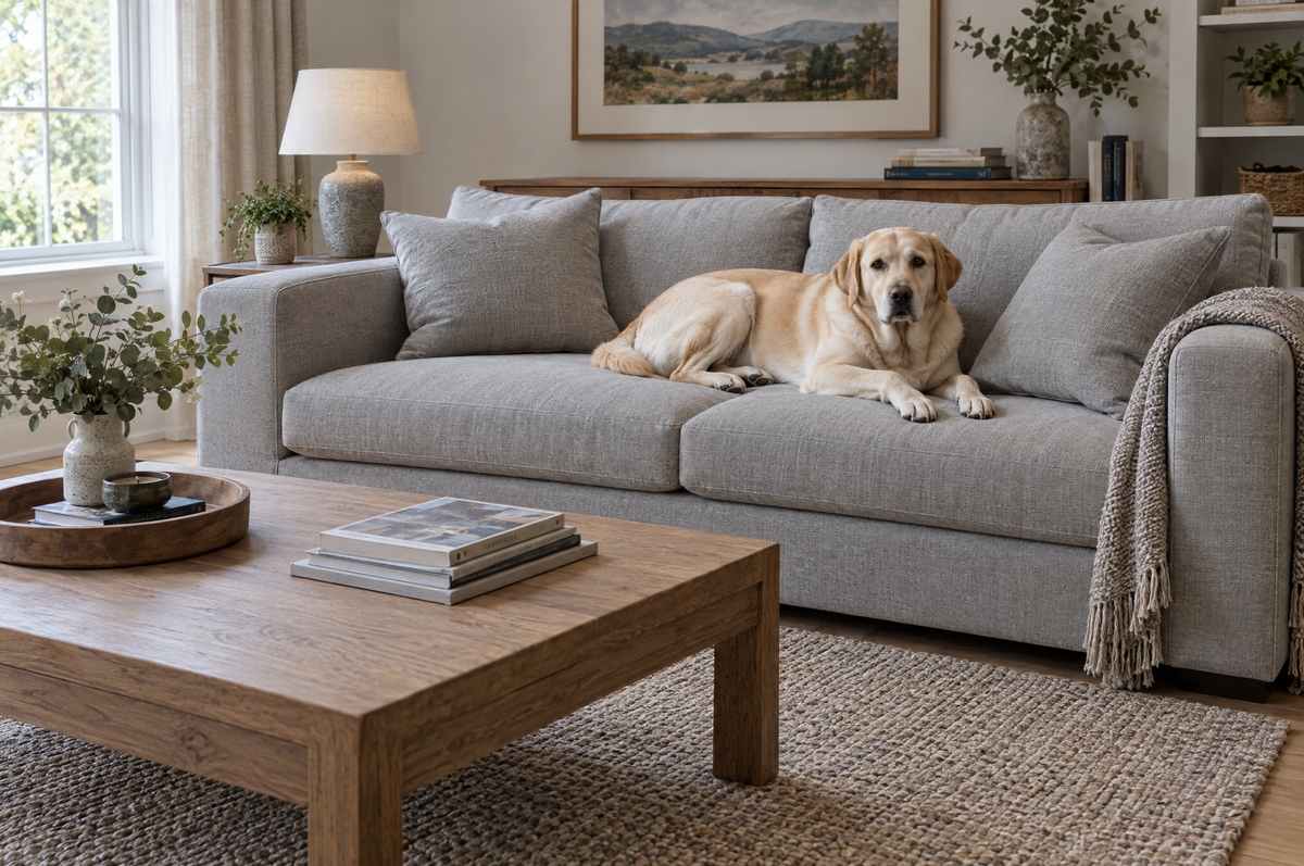 Dog resting on a performance fabric sofa in a stylish living room