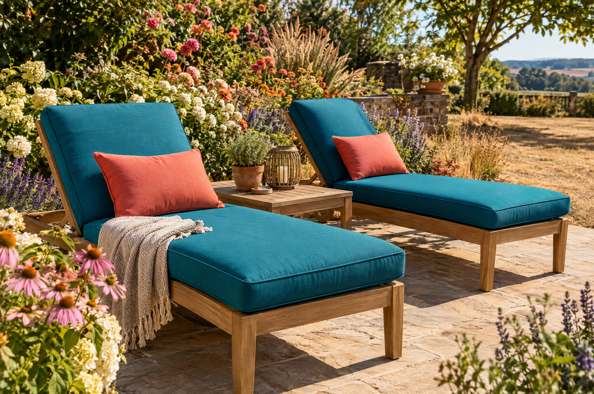 Late-summer patio with vivid unfaded outdoor cushions