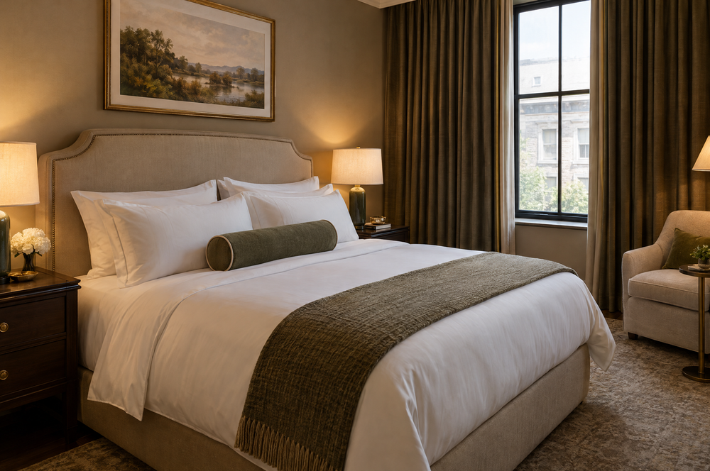 Boutique hotel style bedroom with layered white bedding