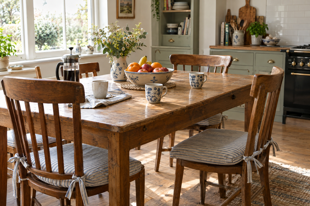 Kitchen dining chairs with striped tie-on seat pads