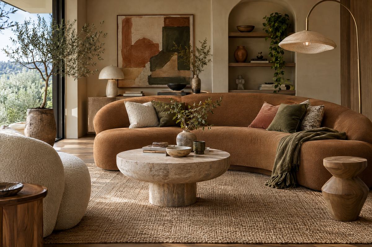 Living room with a curved sofa in warm earthy tones