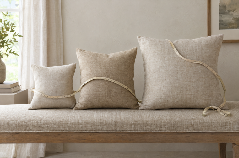 Square cushions in three sizes lined up on a bench