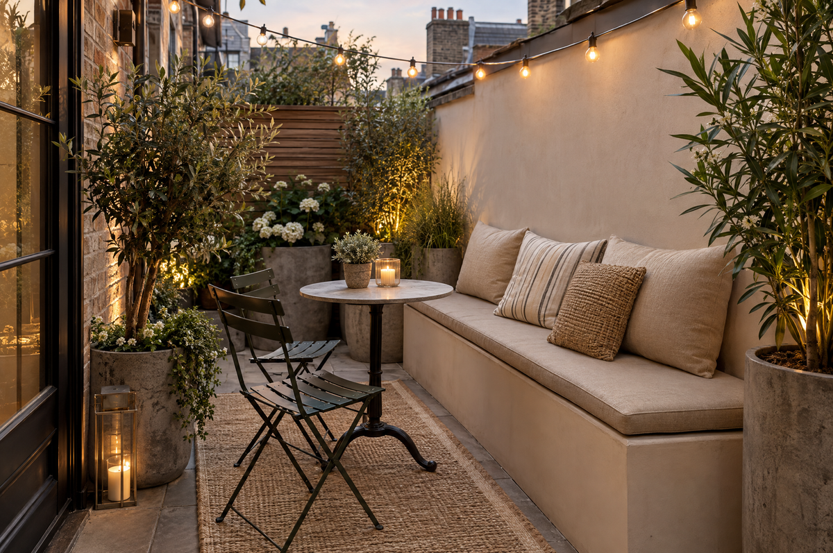 Small patio with a cushioned bench, bistro table and string lights