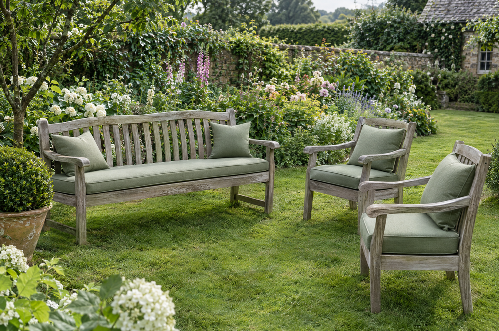 Garden bench with a cushion beside two garden armchairs
