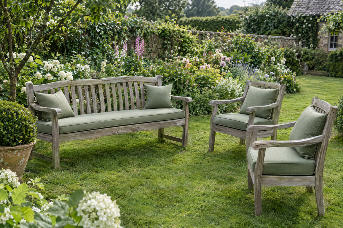 Garden bench with a cushion beside two garden armchairs