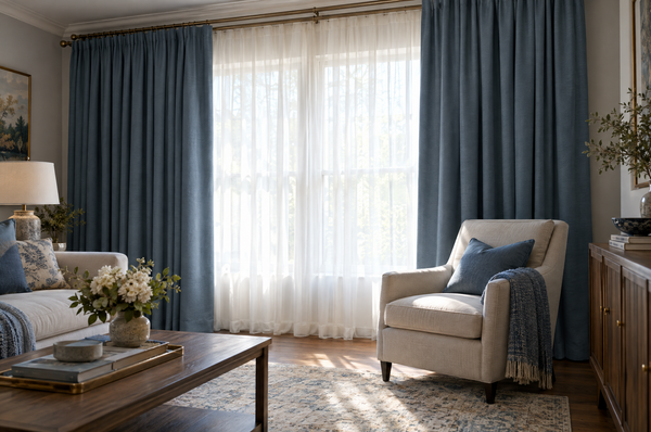 Window with sheer and blackout curtains layered on a double rod