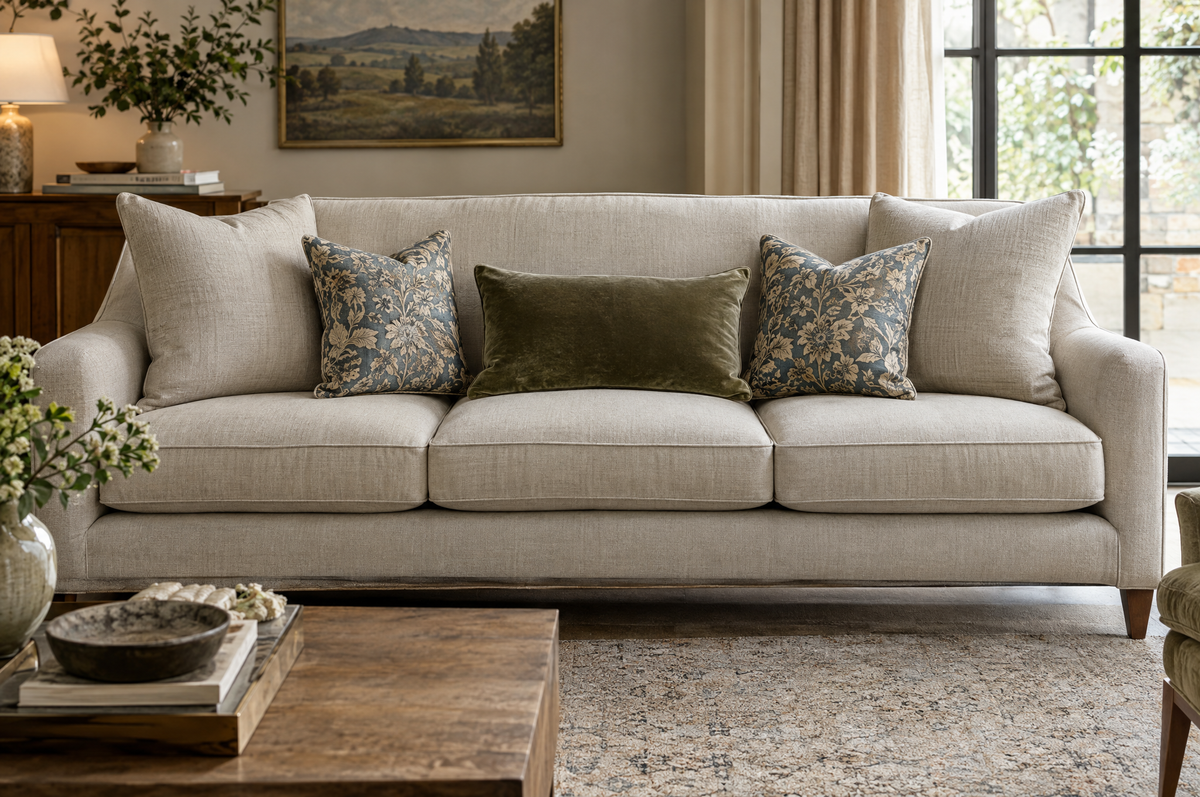 Sofa styled with five coordinated throw cushions