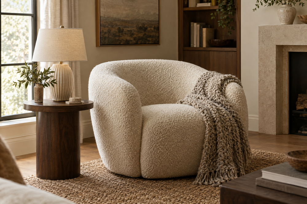 Cream boucle armchair with a walnut side table