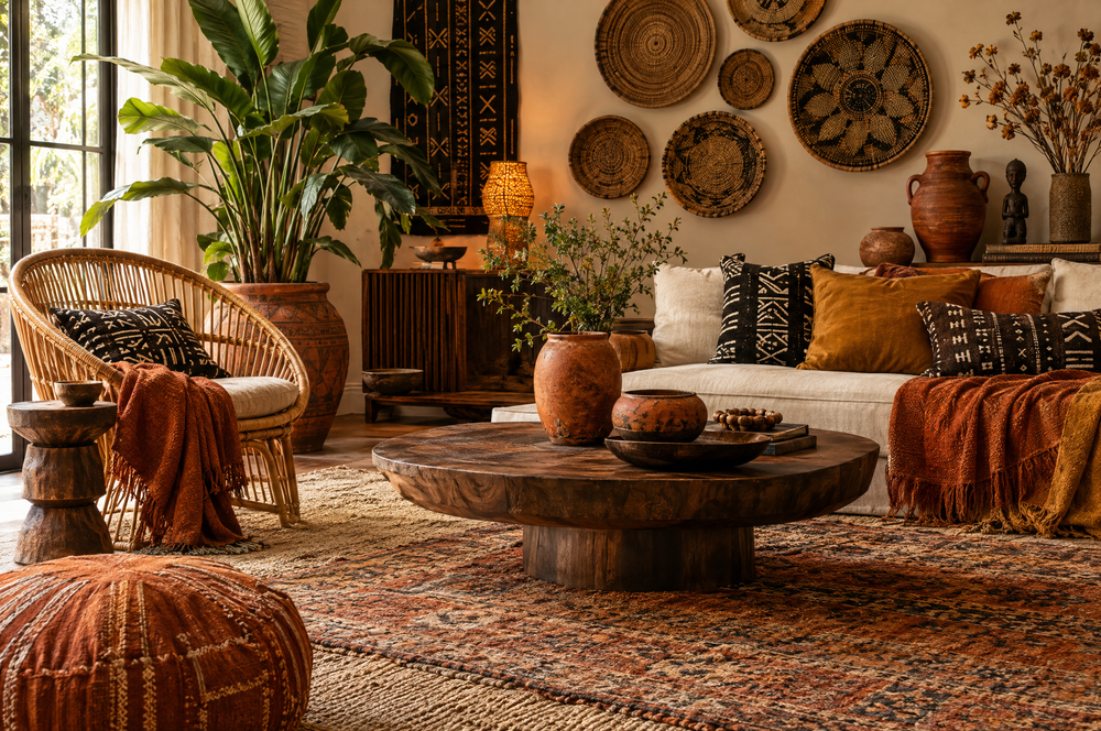 Afrohemian living room with mudcloth cushions and rattan