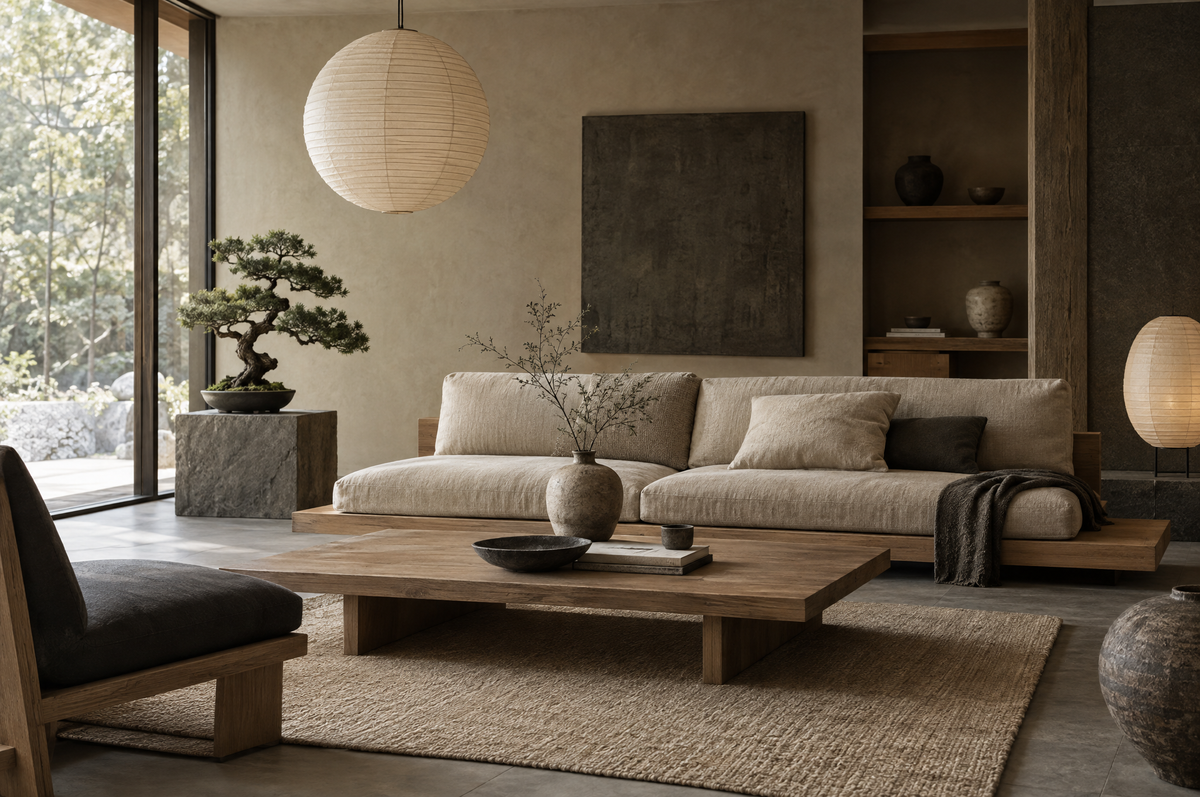Japandi living room with low oak furniture and linen cushions