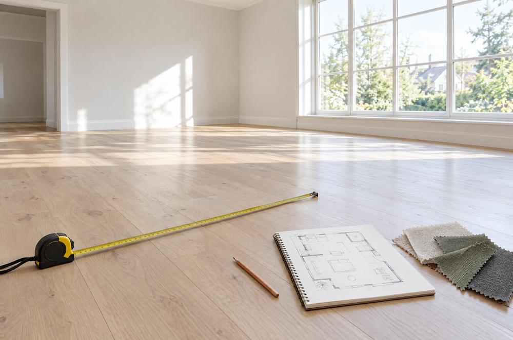Empty room with a tape measure and floor plan sketch